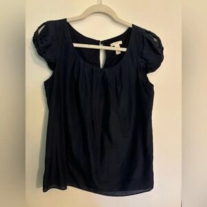 J Crew Womens Lined Silk Cotton Blend Twisted‎ Sleeve Top Navy Keyhole Neck Sz M